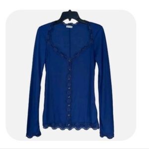 NWOT. Intimately Free People Blue Henley Button Up w/Lace Trim. Size Medium